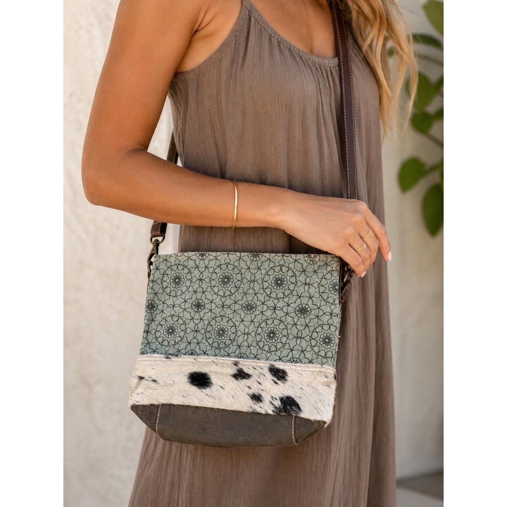 Myra Bag Upcycled Canvas Rug Cowhide Crossbody Bag Green Brown S-1250
